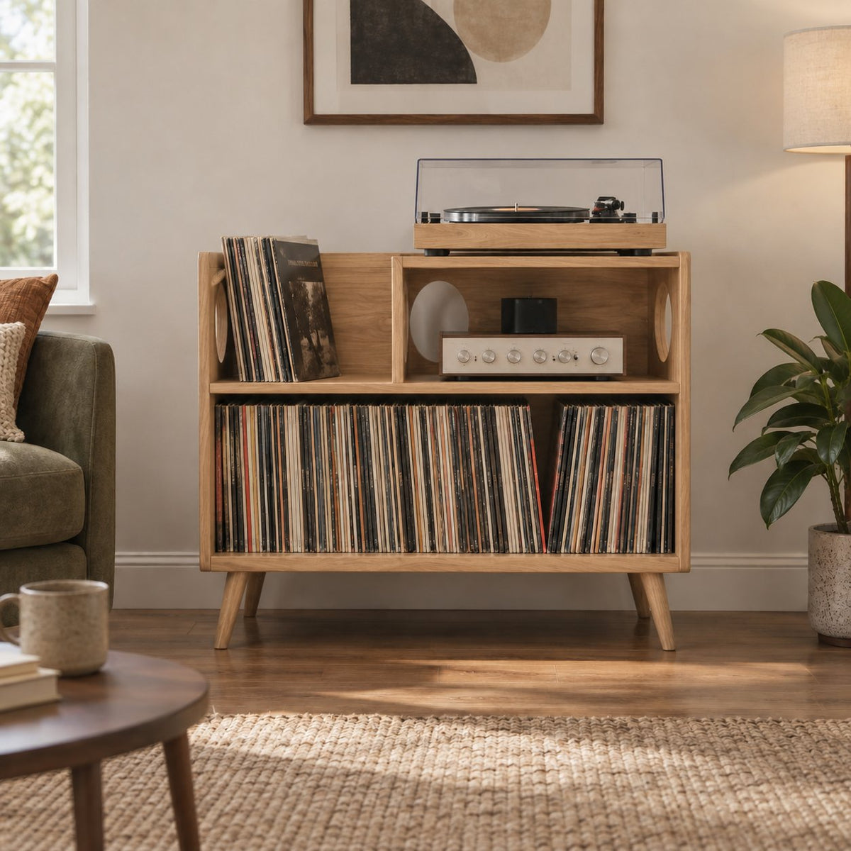 Turned-Leg Solid Wood Record Player Console, Mid-Century Vinyl Storage Cabinet with Amp Shelf & LP Bin