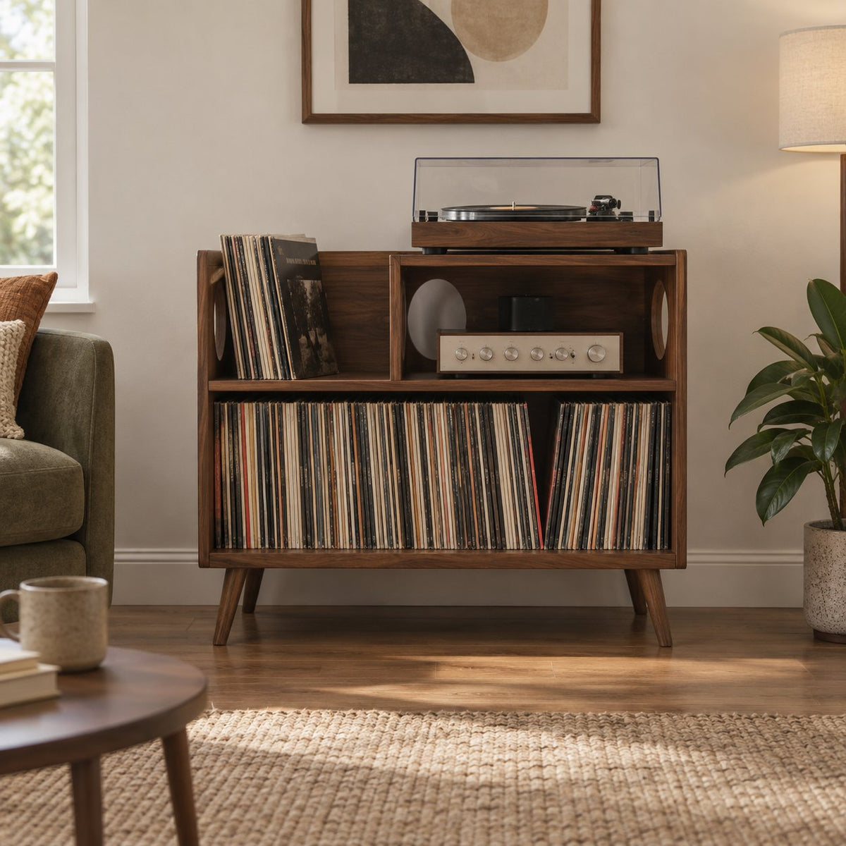 Turned-Leg Solid Wood Record Player Console, Mid-Century Vinyl Storage Cabinet with Amp Shelf & LP Bin