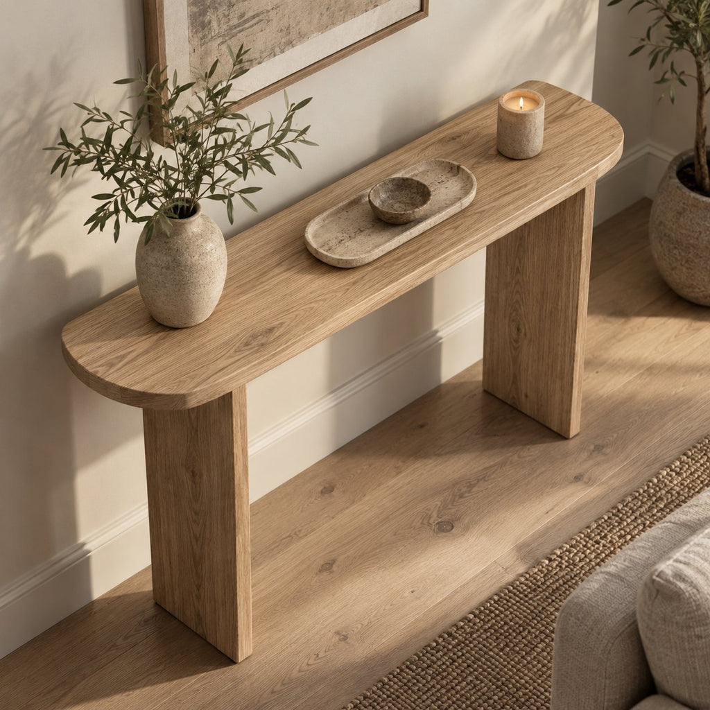 Narrow Solid Wood Console Table, Slim Panel-Leg Sofa Table for Entryway & Hallway, Walnut Tone