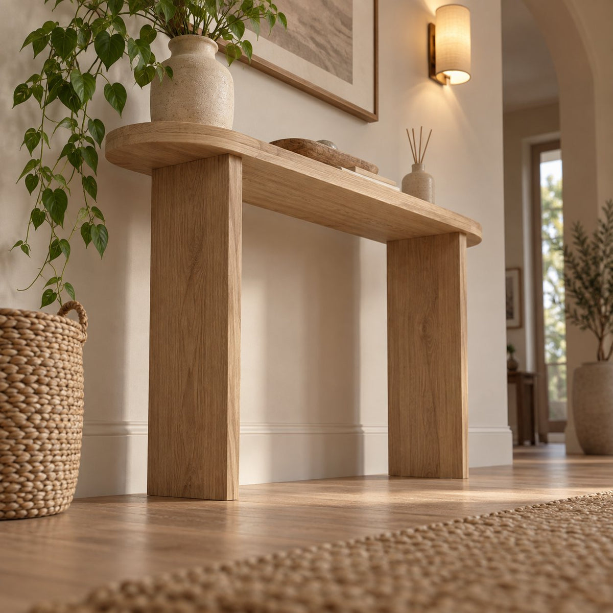 Narrow Solid Wood Console Table, Slim Panel-Leg Sofa Table for Entryway & Hallway, Walnut Tone