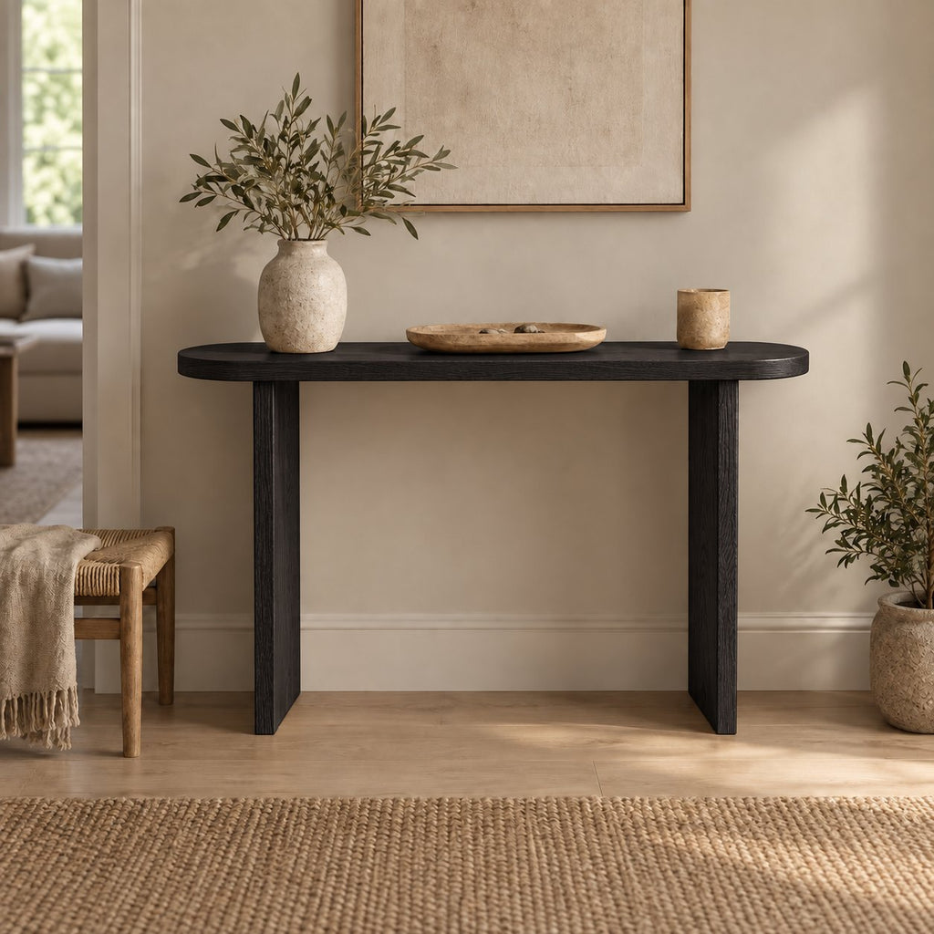 Narrow Solid Wood Console Table, Slim Panel-Leg Sofa Table for Entryway & Hallway, Walnut Tone