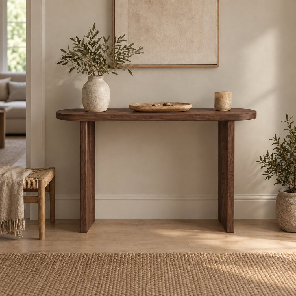 Narrow Solid Wood Console Table, Slim Panel-Leg Sofa Table for Entryway & Hallway, Walnut Tone
