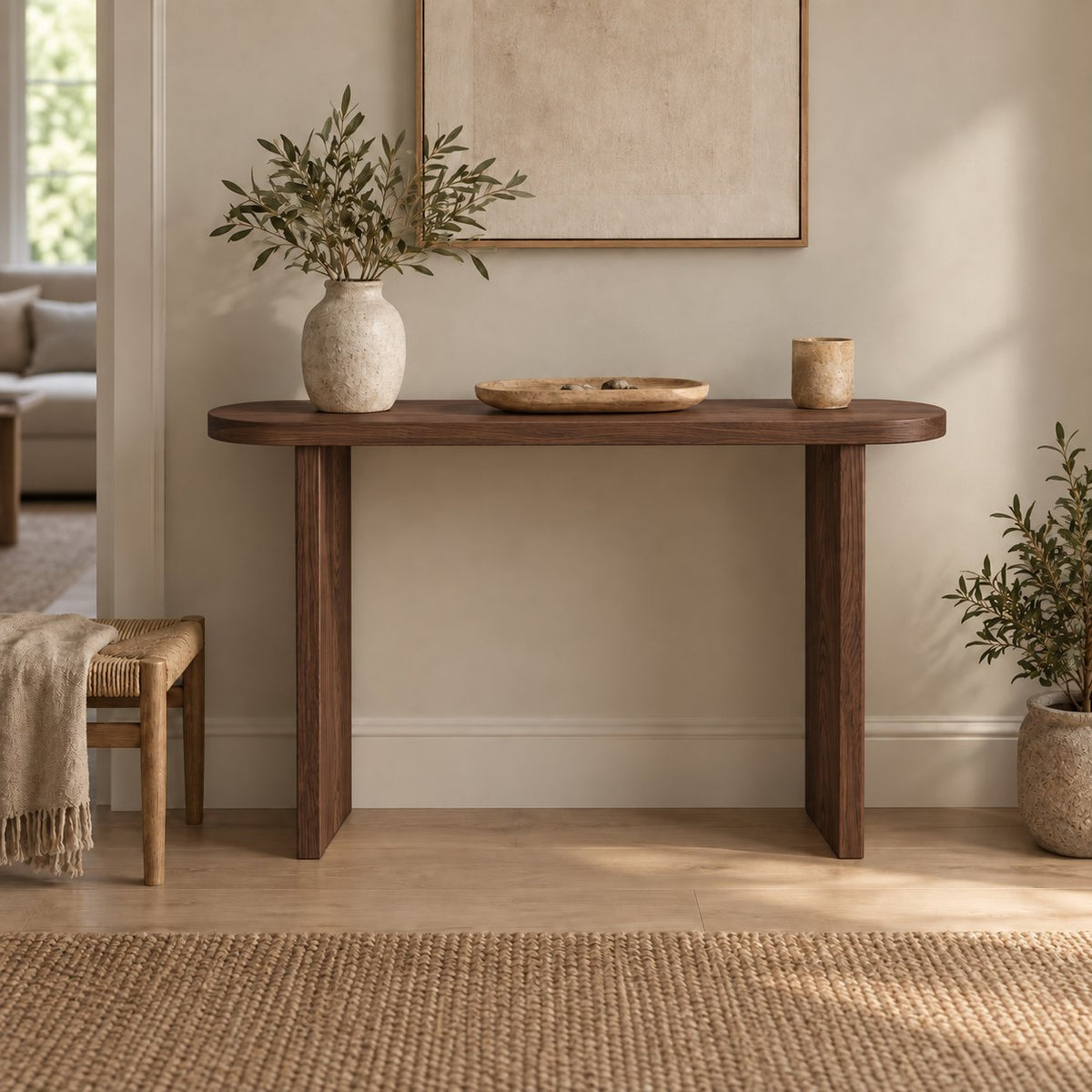 Narrow Solid Wood Console Table, Slim Panel-Leg Sofa Table for Entryway & Hallway, Walnut Tone