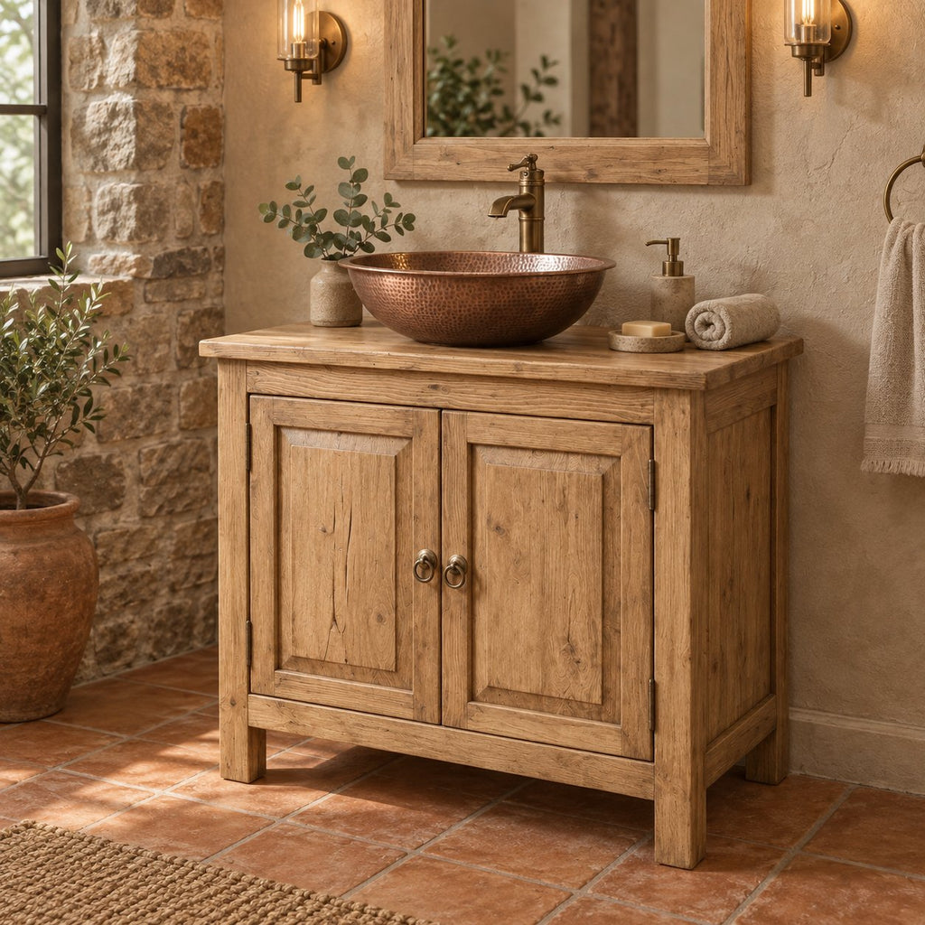 Reclaimed Solid Wood Bathroom Vanity, Rustic Walnut Two-Door Cabinet with Plank Top for a Vessel Sink