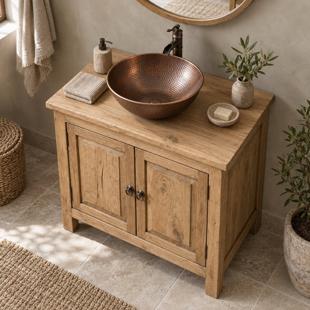 Reclaimed Solid Wood Bathroom Vanity, Rustic Walnut Two-Door Cabinet with Plank Top for a Vessel Sink