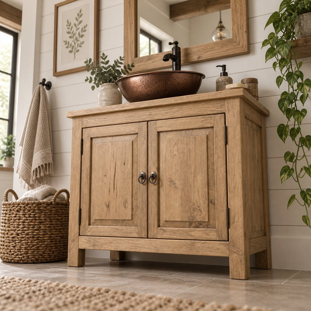 Reclaimed Solid Wood Bathroom Vanity, Rustic Walnut Two-Door Cabinet with Plank Top for a Vessel Sink
