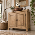 Reclaimed Solid Wood Bathroom Vanity, Rustic Walnut Two-Door Cabinet with Plank Top for a Vessel Sink