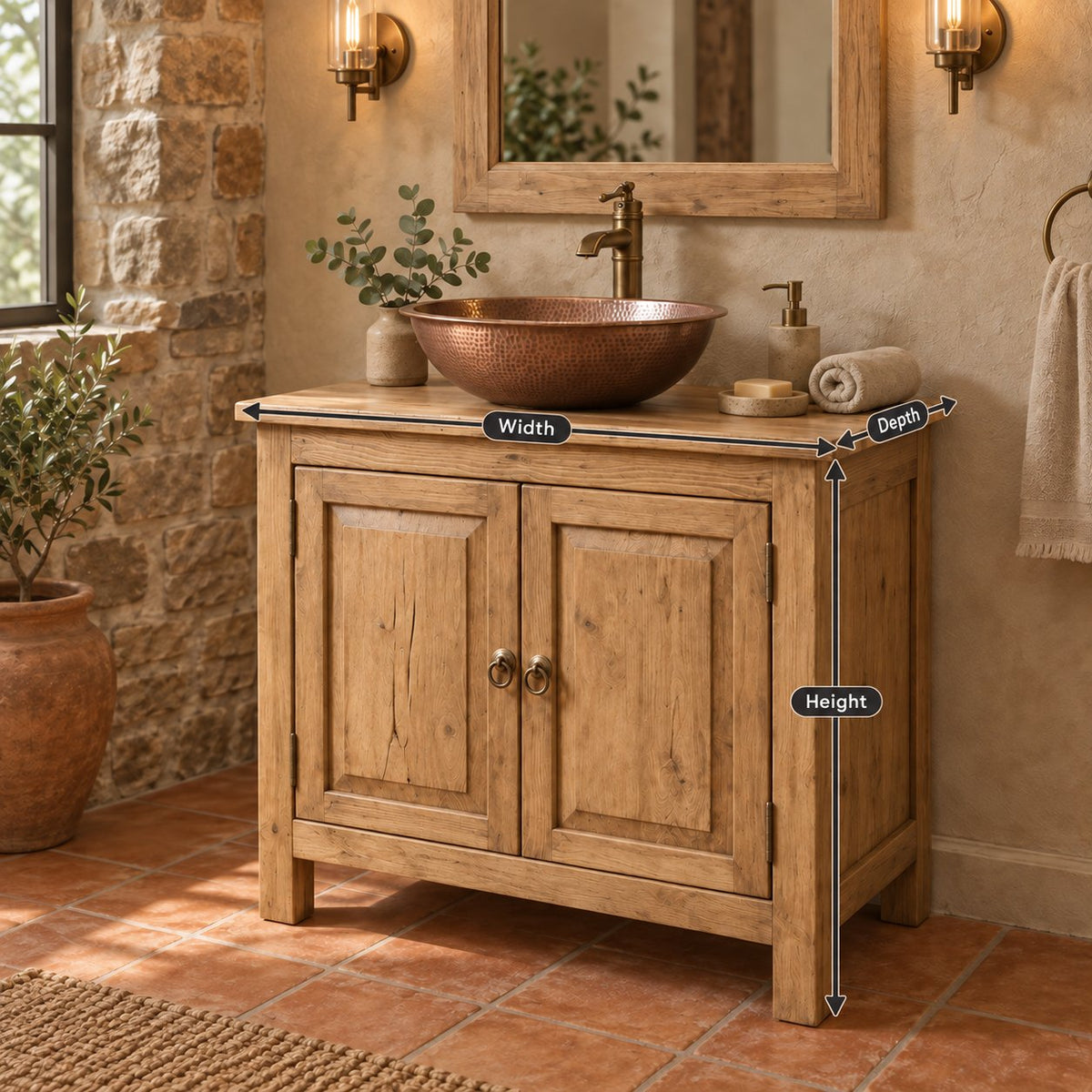 Reclaimed Solid Wood Bathroom Vanity, Rustic Walnut Two-Door Cabinet with Plank Top for a Vessel Sink
