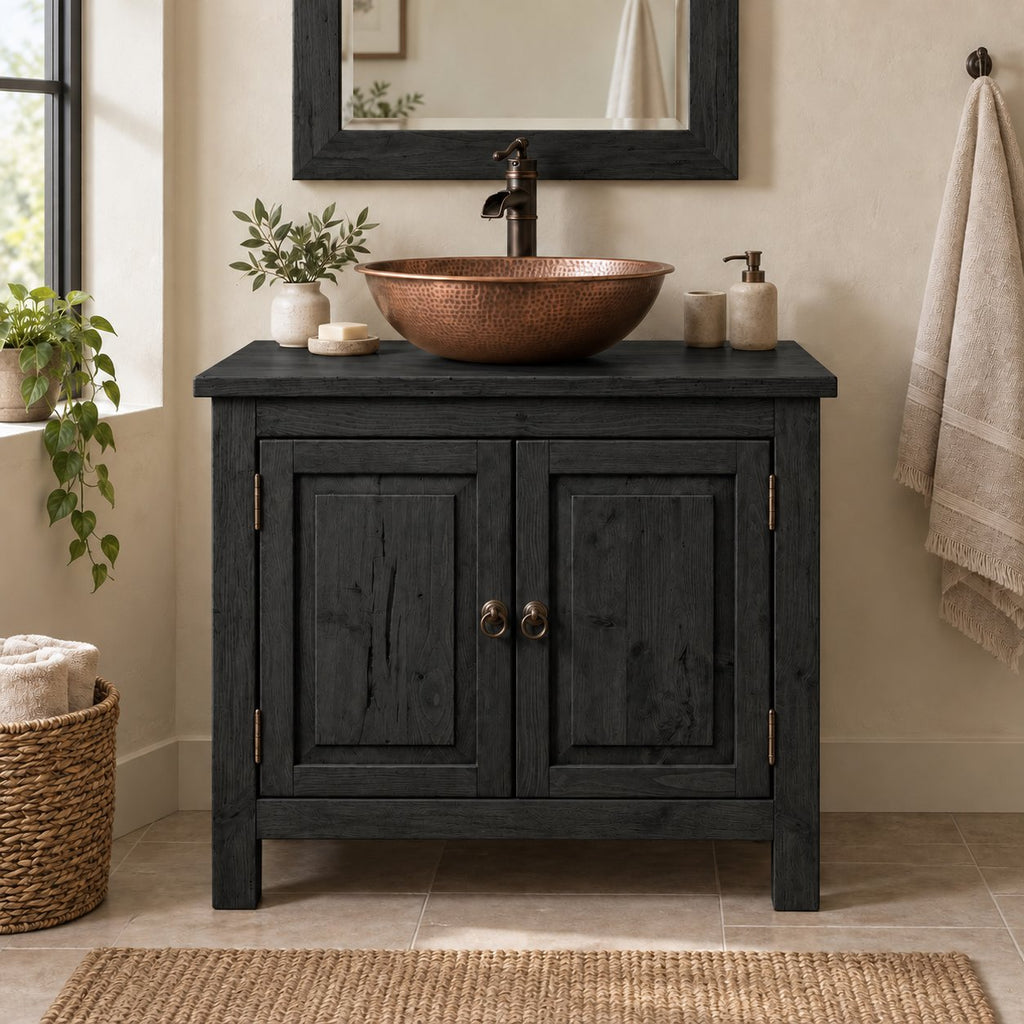 Reclaimed Solid Wood Bathroom Vanity, Rustic Walnut Two-Door Cabinet with Plank Top for a Vessel Sink