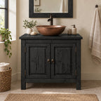 Reclaimed Solid Wood Bathroom Vanity, Rustic Walnut Two-Door Cabinet with Plank Top for a Vessel Sink