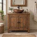 Reclaimed Solid Wood Bathroom Vanity, Rustic Walnut Two-Door Cabinet with Plank Top for a Vessel Sink