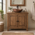 Reclaimed Solid Wood Bathroom Vanity, Rustic Walnut Two-Door Cabinet with Plank Top for a Vessel Sink