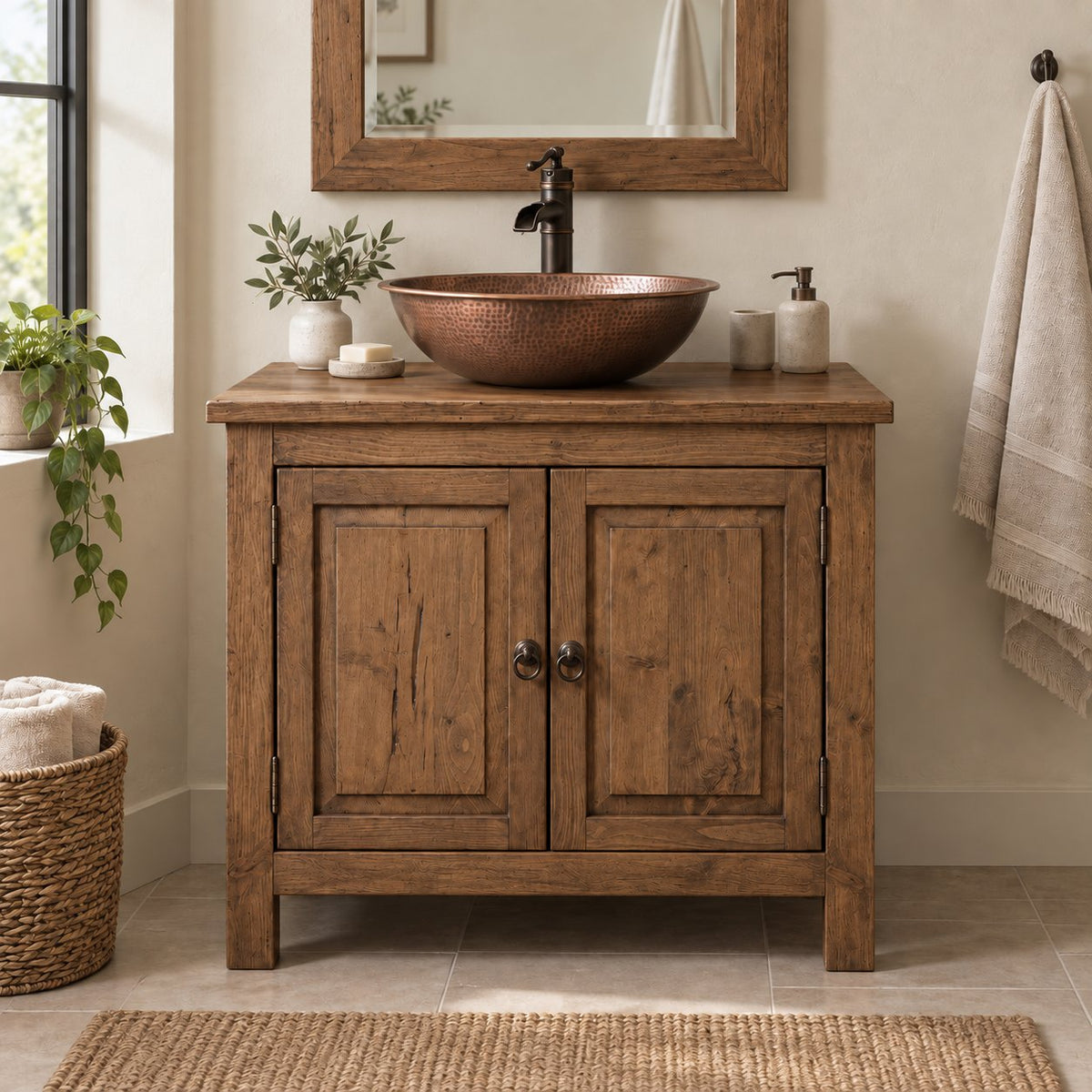 Reclaimed Solid Wood Bathroom Vanity, Rustic Walnut Two-Door Cabinet with Plank Top for a Vessel Sink