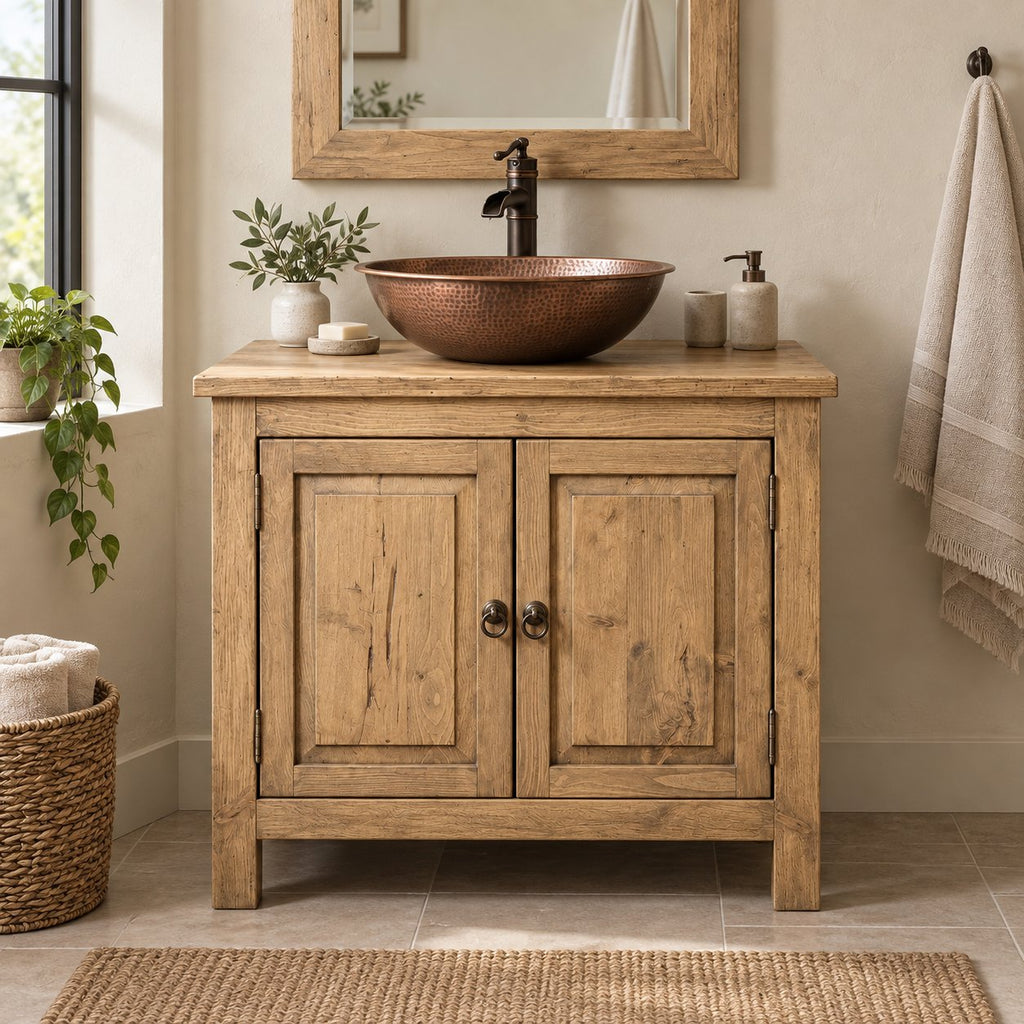 Reclaimed Solid Wood Bathroom Vanity, Rustic Walnut Two-Door Cabinet with Plank Top for a Vessel Sink