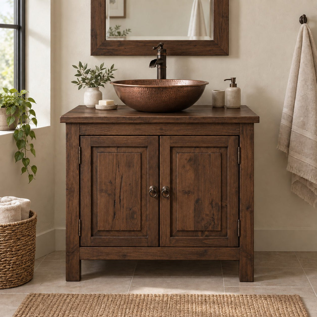 Reclaimed Solid Wood Bathroom Vanity, Rustic Walnut Two-Door Cabinet with Plank Top for a Vessel Sink