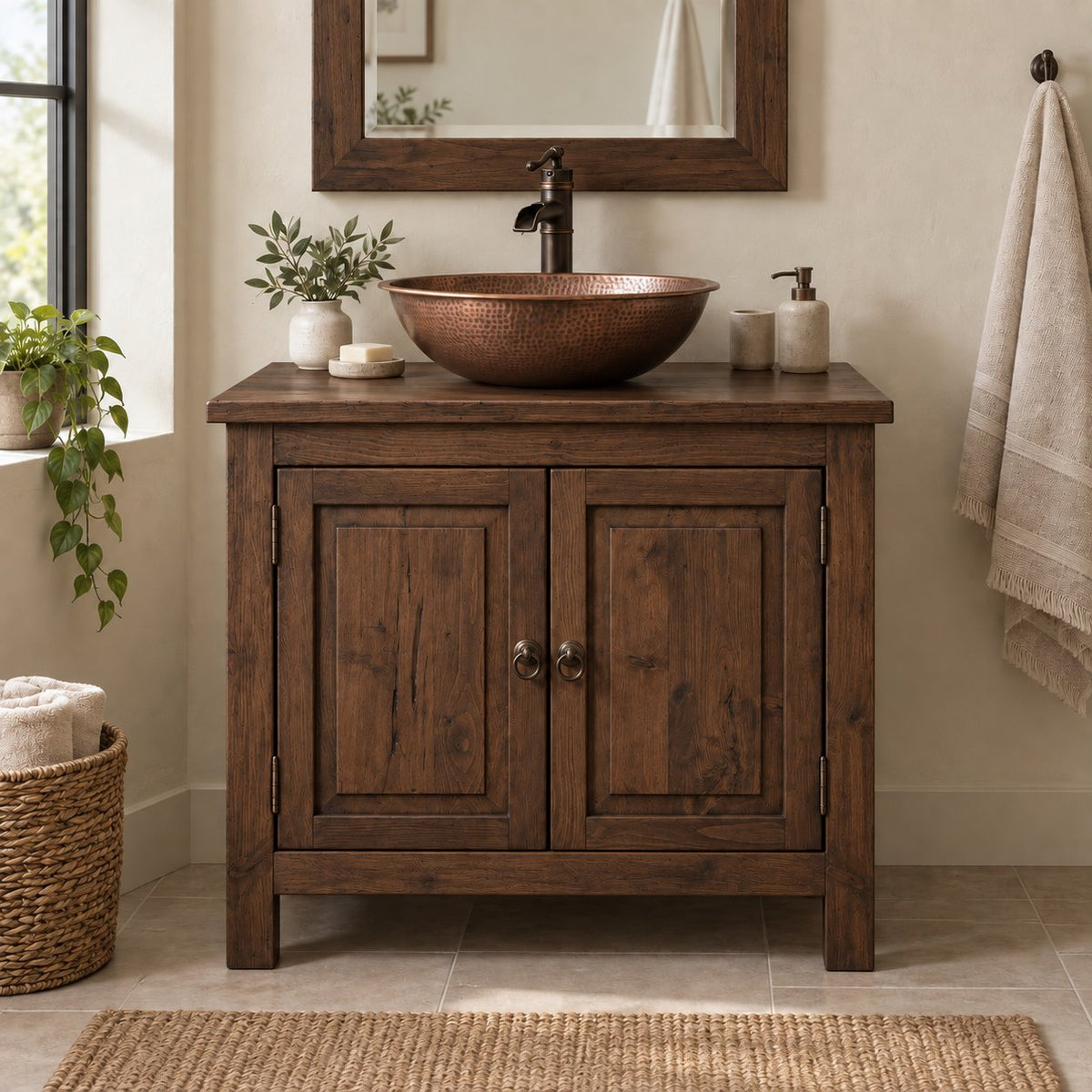 Reclaimed Solid Wood Bathroom Vanity, Rustic Walnut Two-Door Cabinet with Plank Top for a Vessel Sink