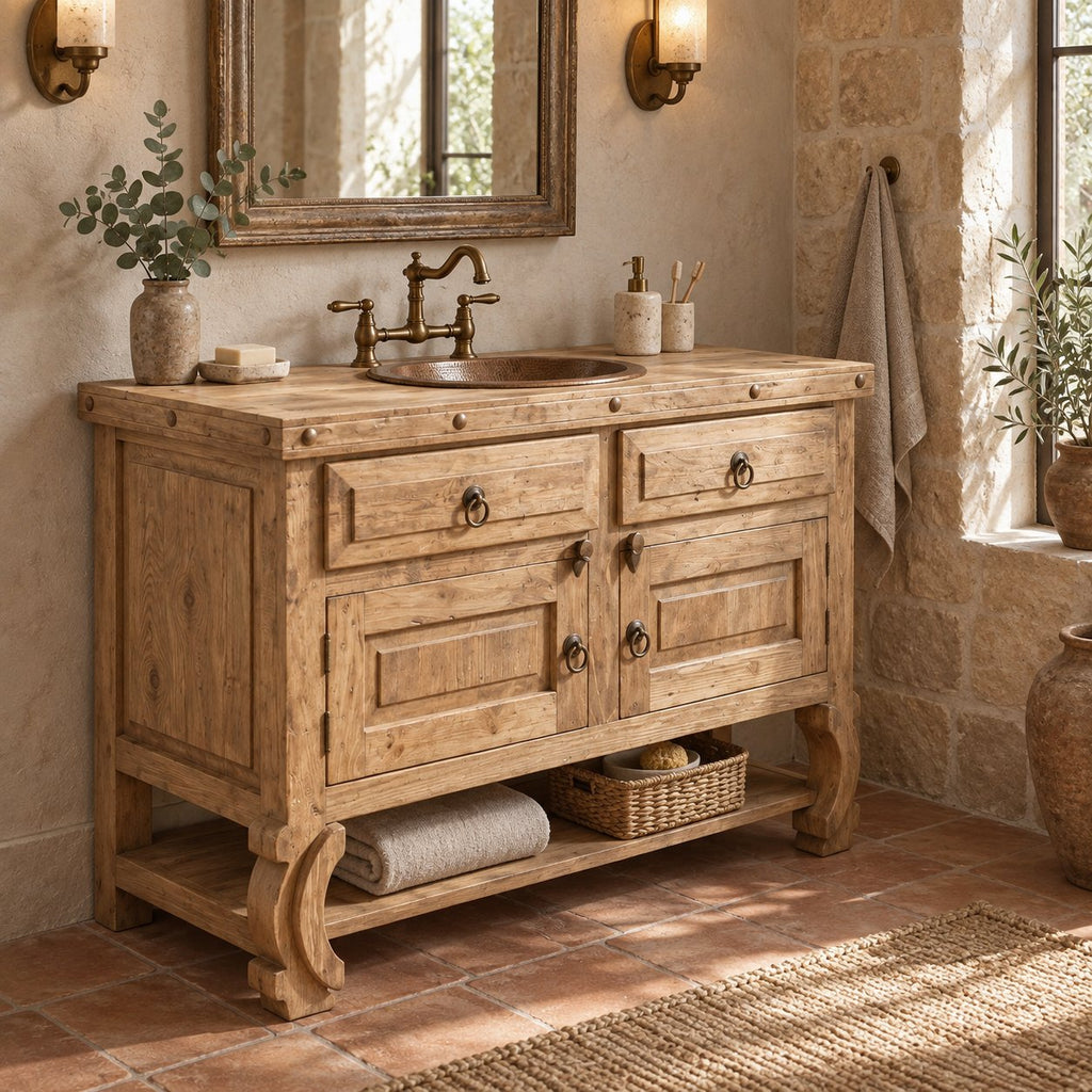 Reclaimed Solid Wood Bathroom Vanity, Farmhouse Cabinet with Ring Pulls & Open Shelf, Espresso Walnut