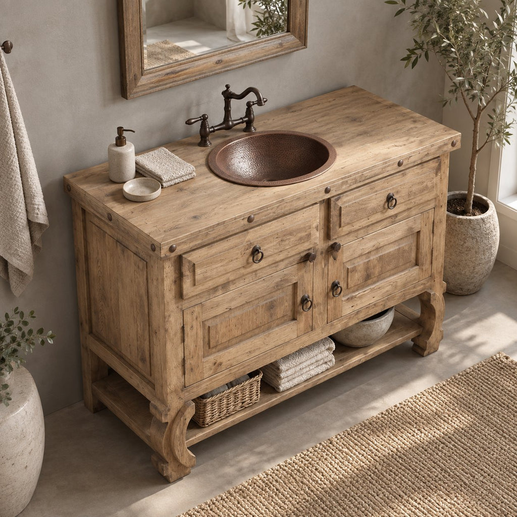 Reclaimed Solid Wood Bathroom Vanity, Farmhouse Cabinet with Ring Pulls & Open Shelf, Espresso Walnut