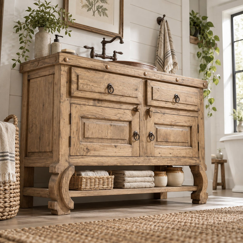 Reclaimed Solid Wood Bathroom Vanity, Farmhouse Cabinet with Ring Pulls & Open Shelf, Espresso Walnut
