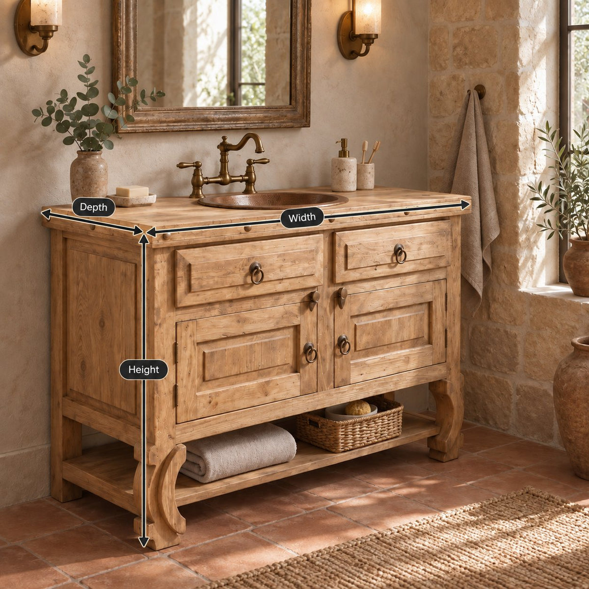 Reclaimed Solid Wood Bathroom Vanity, Farmhouse Cabinet with Ring Pulls & Open Shelf, Espresso Walnut