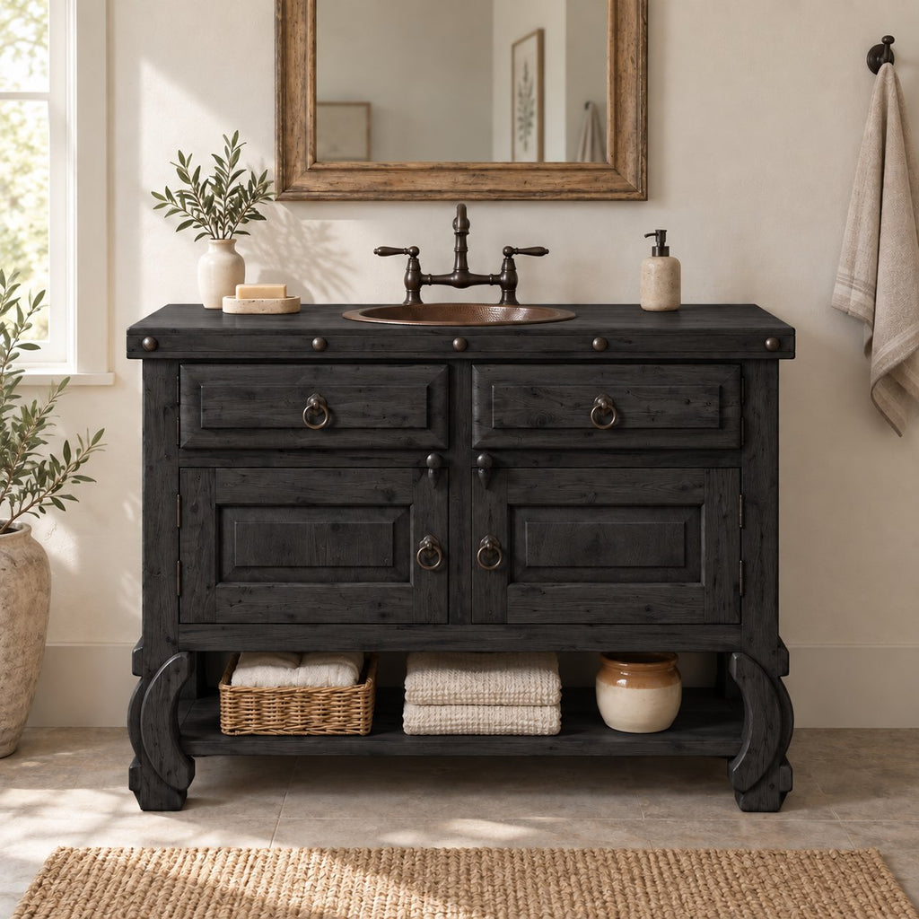 Reclaimed Solid Wood Bathroom Vanity, Farmhouse Cabinet with Ring Pulls & Open Shelf, Espresso Walnut