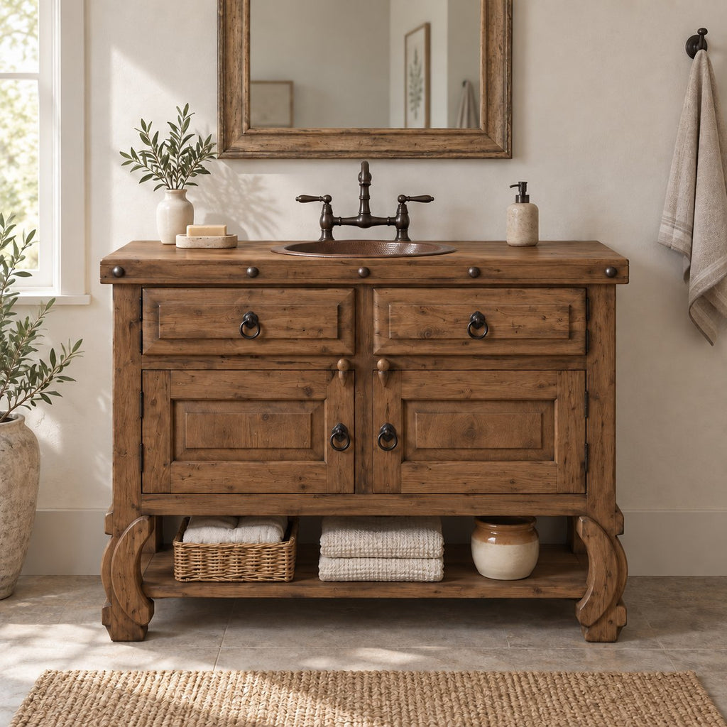 Reclaimed Solid Wood Bathroom Vanity, Farmhouse Cabinet with Ring Pulls & Open Shelf, Espresso Walnut