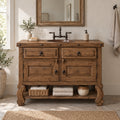 Reclaimed Solid Wood Bathroom Vanity, Farmhouse Cabinet with Ring Pulls & Open Shelf, Espresso Walnut