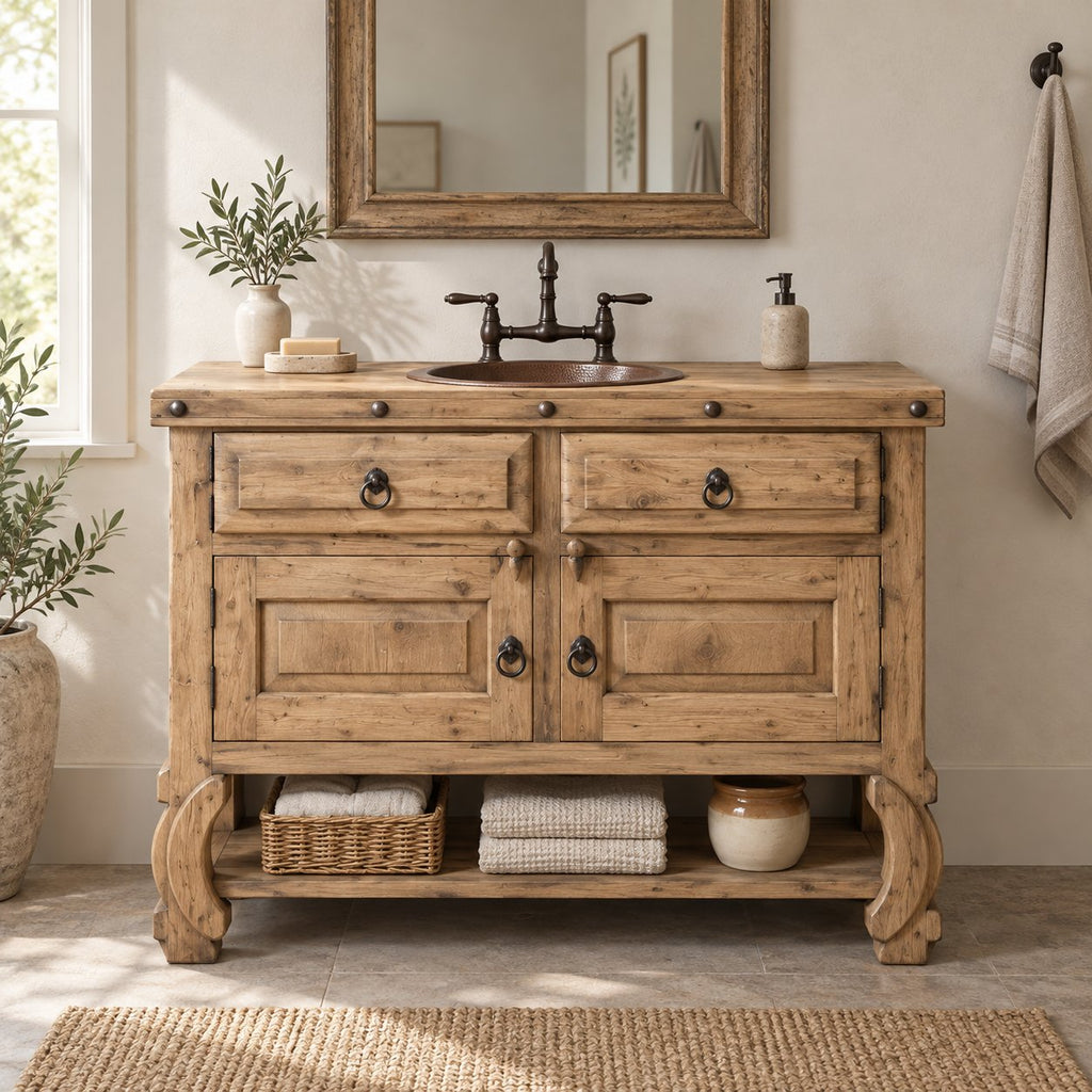 Reclaimed Solid Wood Bathroom Vanity, Farmhouse Cabinet with Ring Pulls & Open Shelf, Espresso Walnut