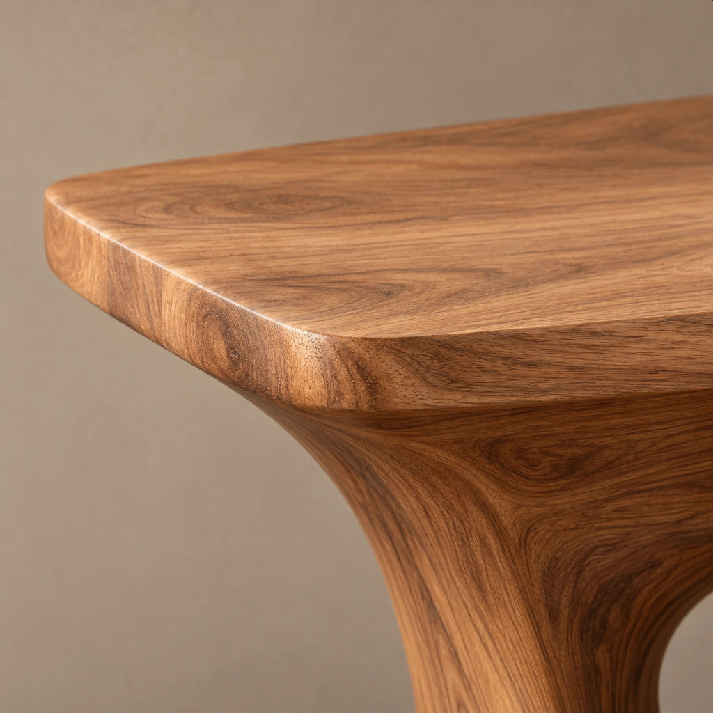 Abstract Sculpted Wood Console Table With Open Loop Cutout For Living Room