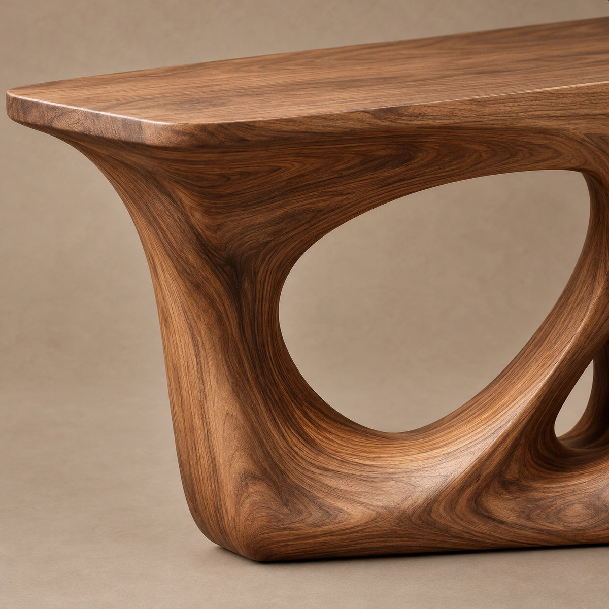 Abstract Sculpted Wood Console Table With Open Loop Cutout For Living Room