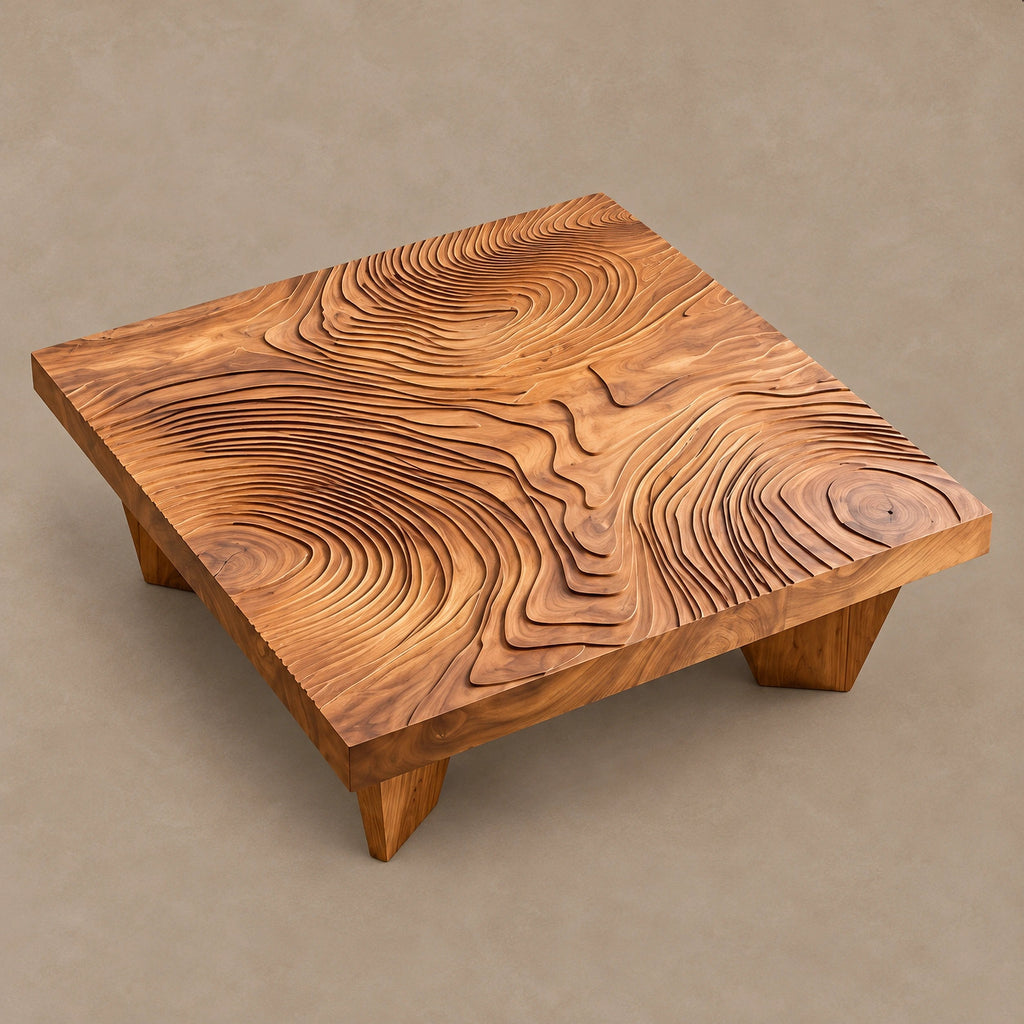 Artisan Carved Square Coffee Table With Ripple Top For Living Room