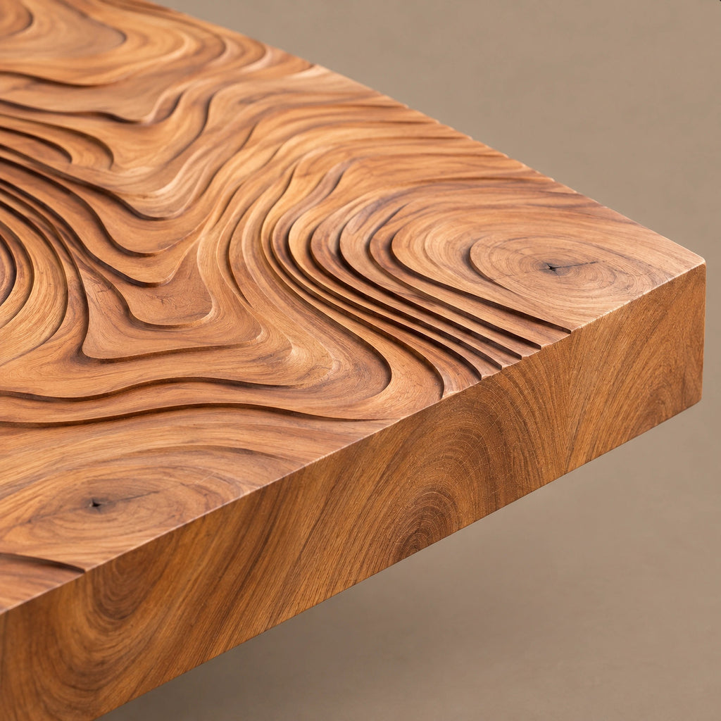 Artisan Carved Square Coffee Table With Ripple Top For Living Room