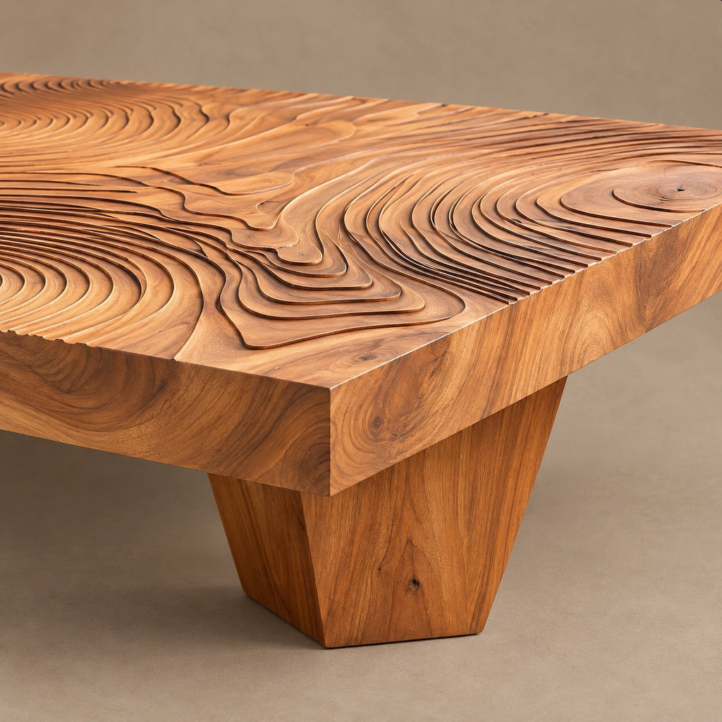 Artisan Carved Square Coffee Table With Ripple Top For Living Room
