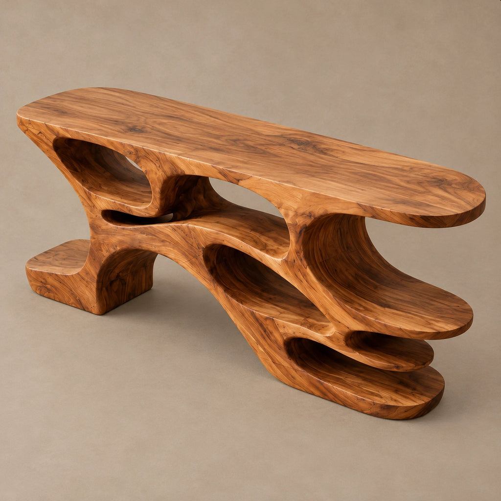 Artisan Carved Wood Console Table With Wavy Open Shelves For Living Room