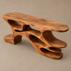 Artisan Carved Wood Console Table With Wavy Open Shelves For Living Room