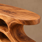 Artisan Carved Wood Console Table With Wavy Open Shelves For Living Room