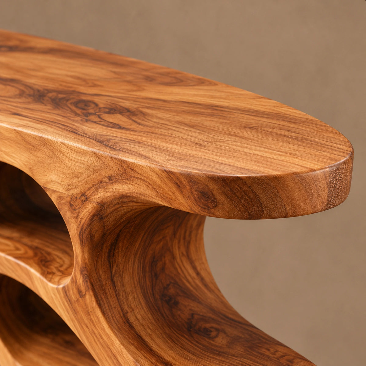 Artisan Carved Wood Console Table With Wavy Open Shelves For Living Room