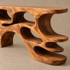 Artisan Carved Wood Console Table With Wavy Open Shelves For Living Room