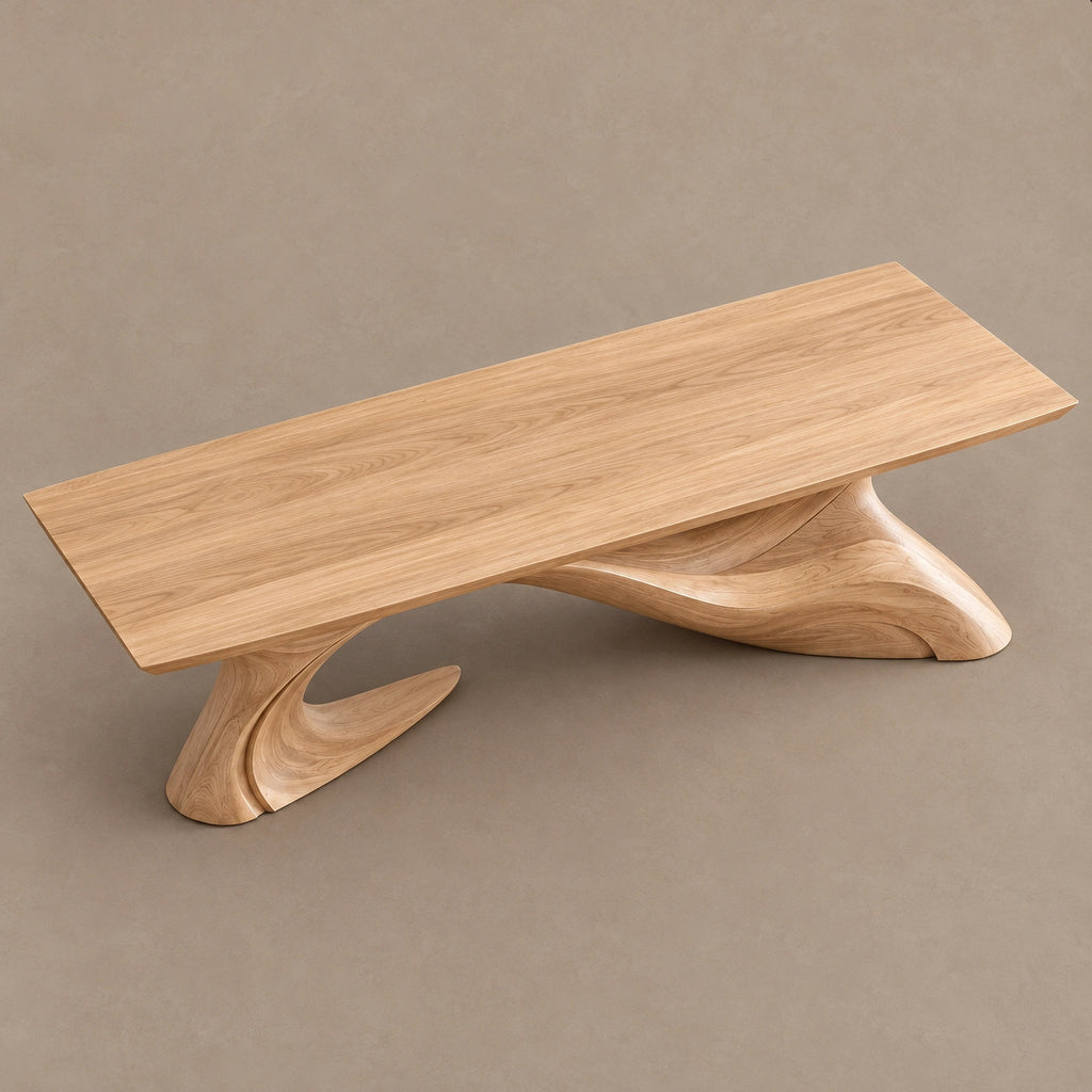 Artisan Long Wood Coffee Table With Crossing Curved Base For Living Room