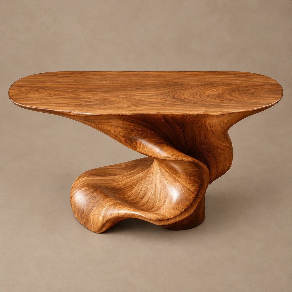 Artisan Swirl Pedestal Wood Console Table With Flared Top For Entryway