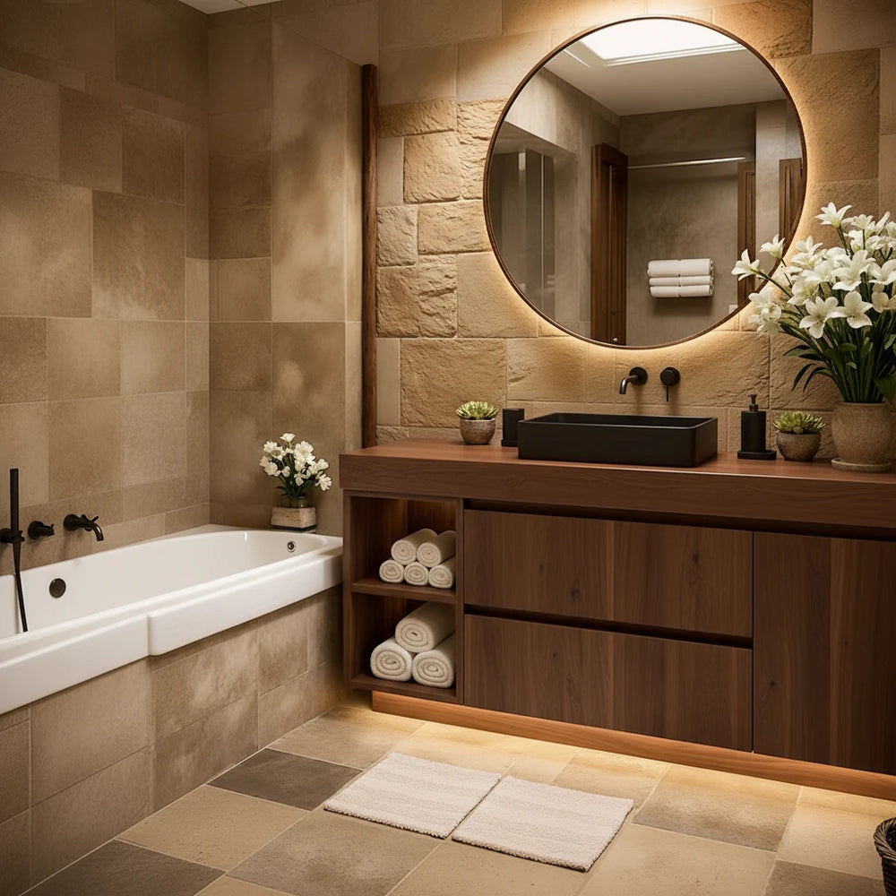 Solid wood bathroom vanity with a stone vessel sink