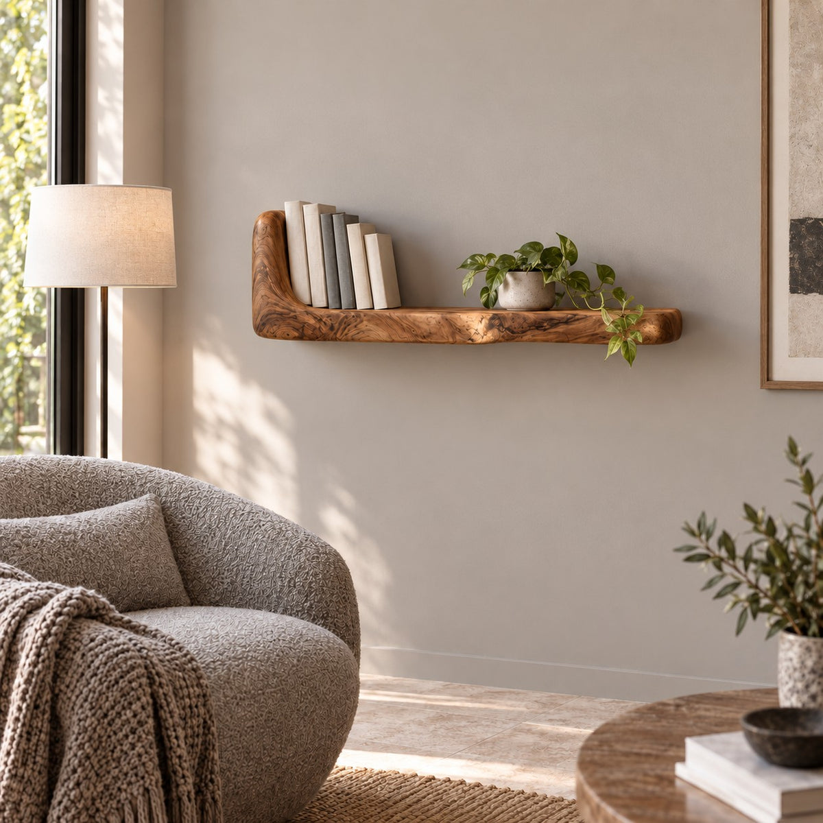 Rustic Live Edge Floating Wall Shelf Set With Raised End For Living Room