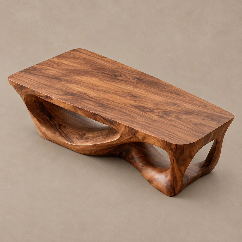 Brutalist Carved Solid Wood Coffee Table With Open Cutouts For Living Room