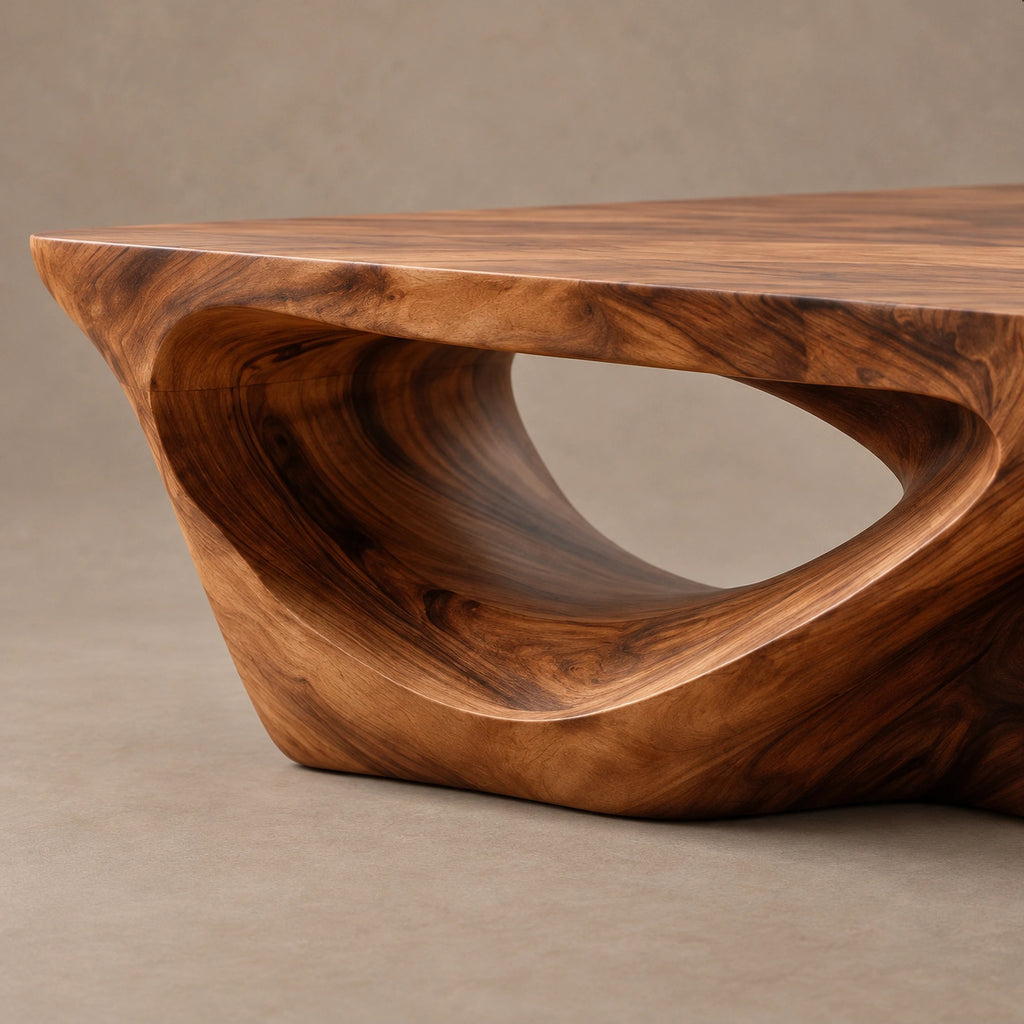 Brutalist Carved Solid Wood Coffee Table With Open Cutouts For Living Room