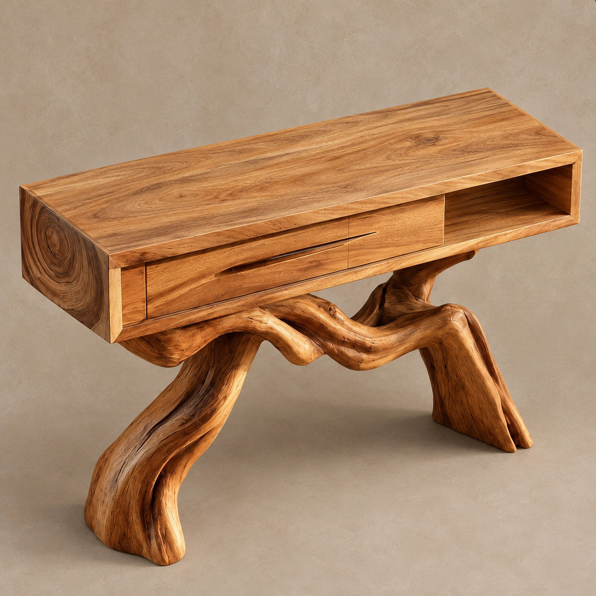 Cabin Style Root Base Console Table With Log End Detail For Living Room