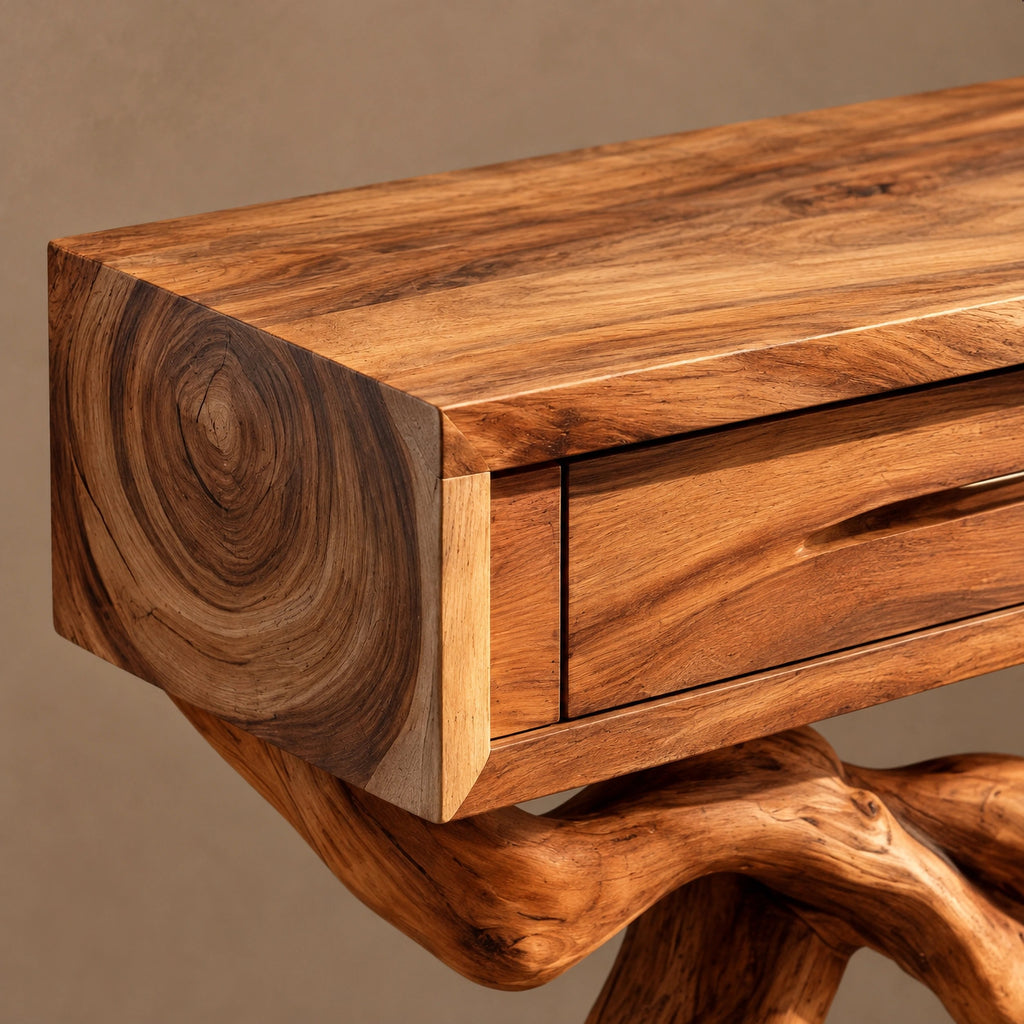 Cabin Style Root Base Console Table With Log End Detail For Living Room
