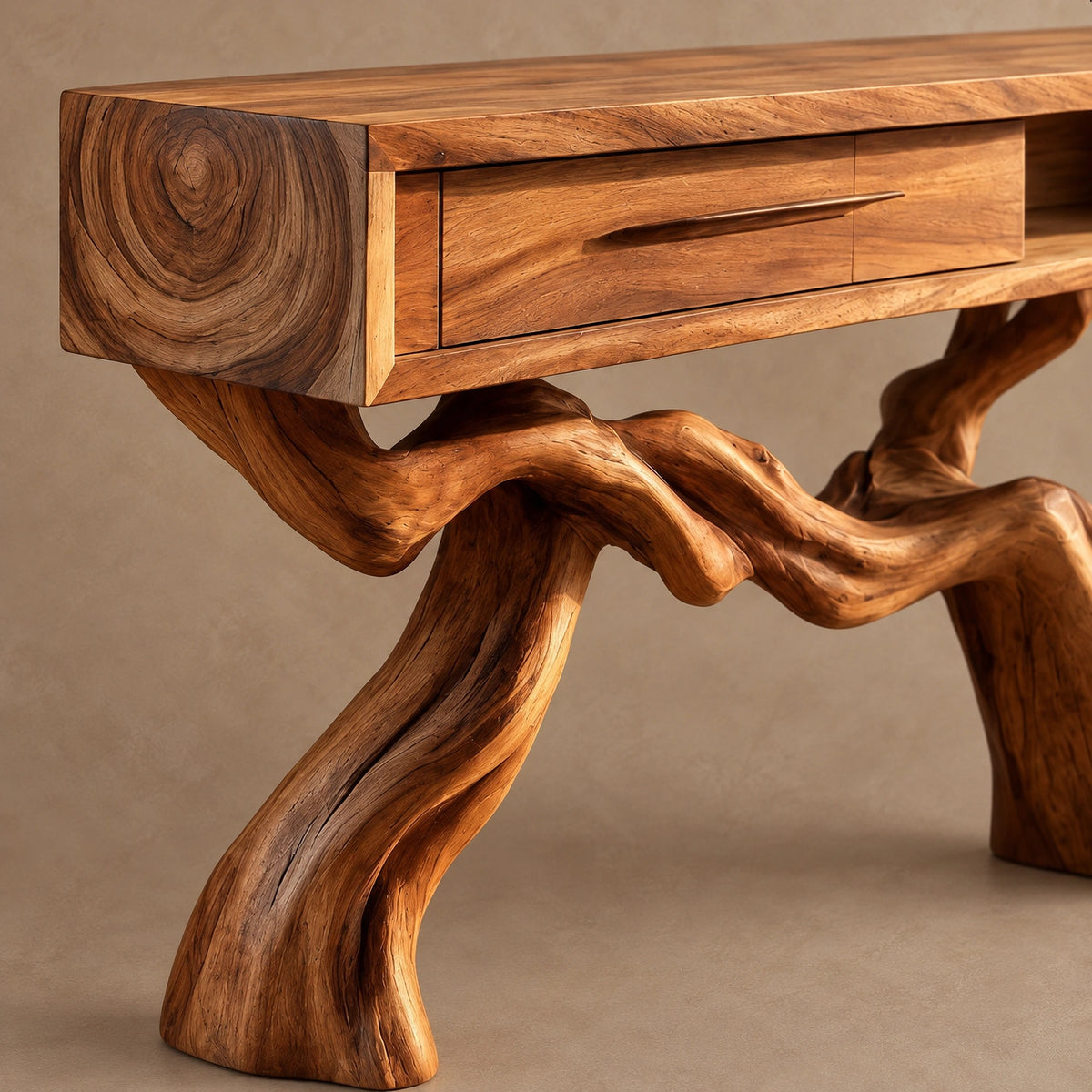 Cabin Style Root Base Console Table With Log End Detail For Living Room