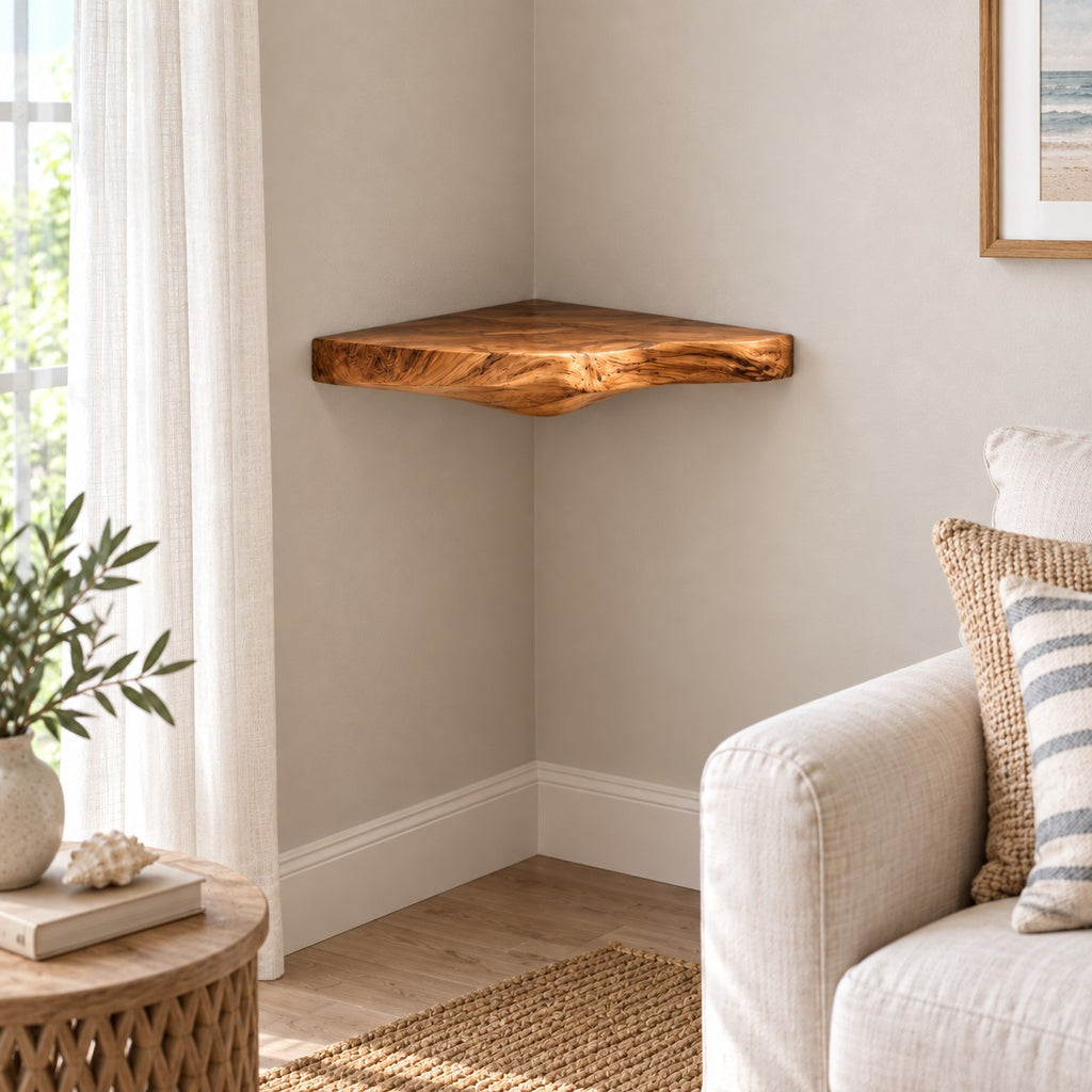 Organic Live Edge Corner Shelf With Natural Wood Grain For Living Room