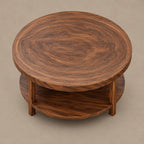 Coastal Round Wooden Coffee Table With Bottom Shelf For Living Room