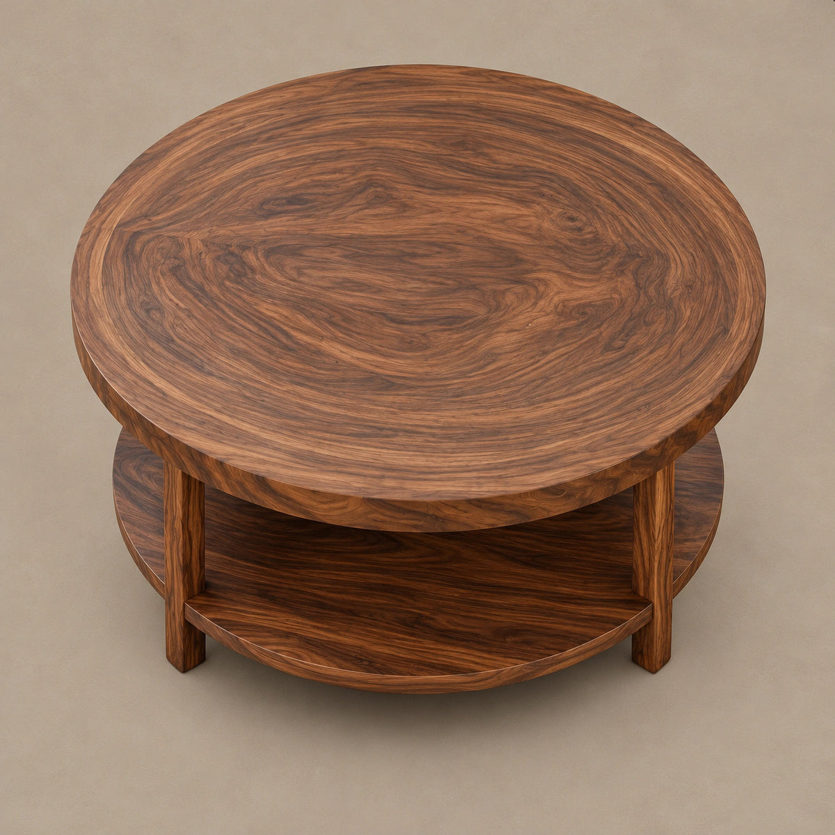 Coastal Round Wooden Coffee Table With Bottom Shelf For Living Room